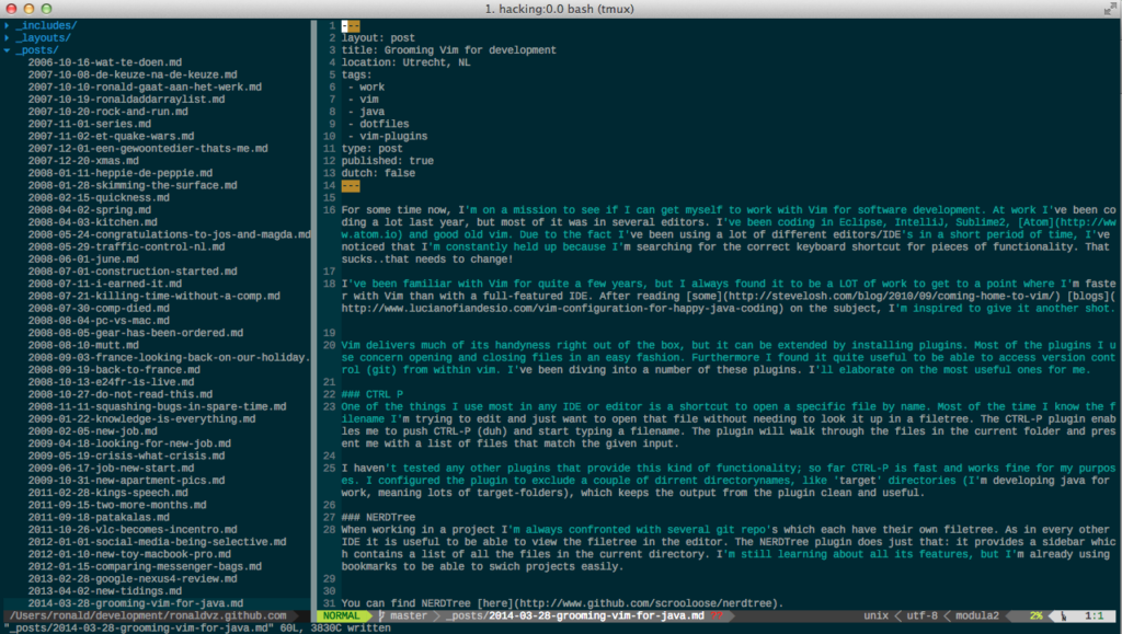 Screenshot of the NERDtree plugin in action in vim. This way I can always find my way during development.