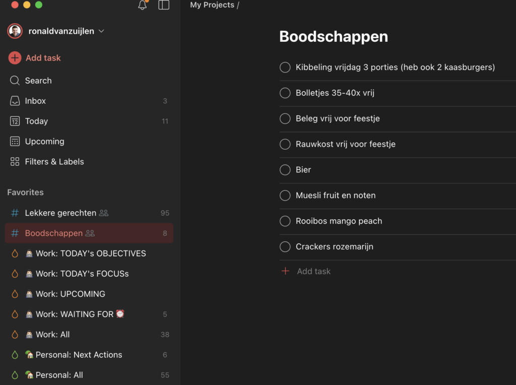 Screenshot of my groceries list in Todoist